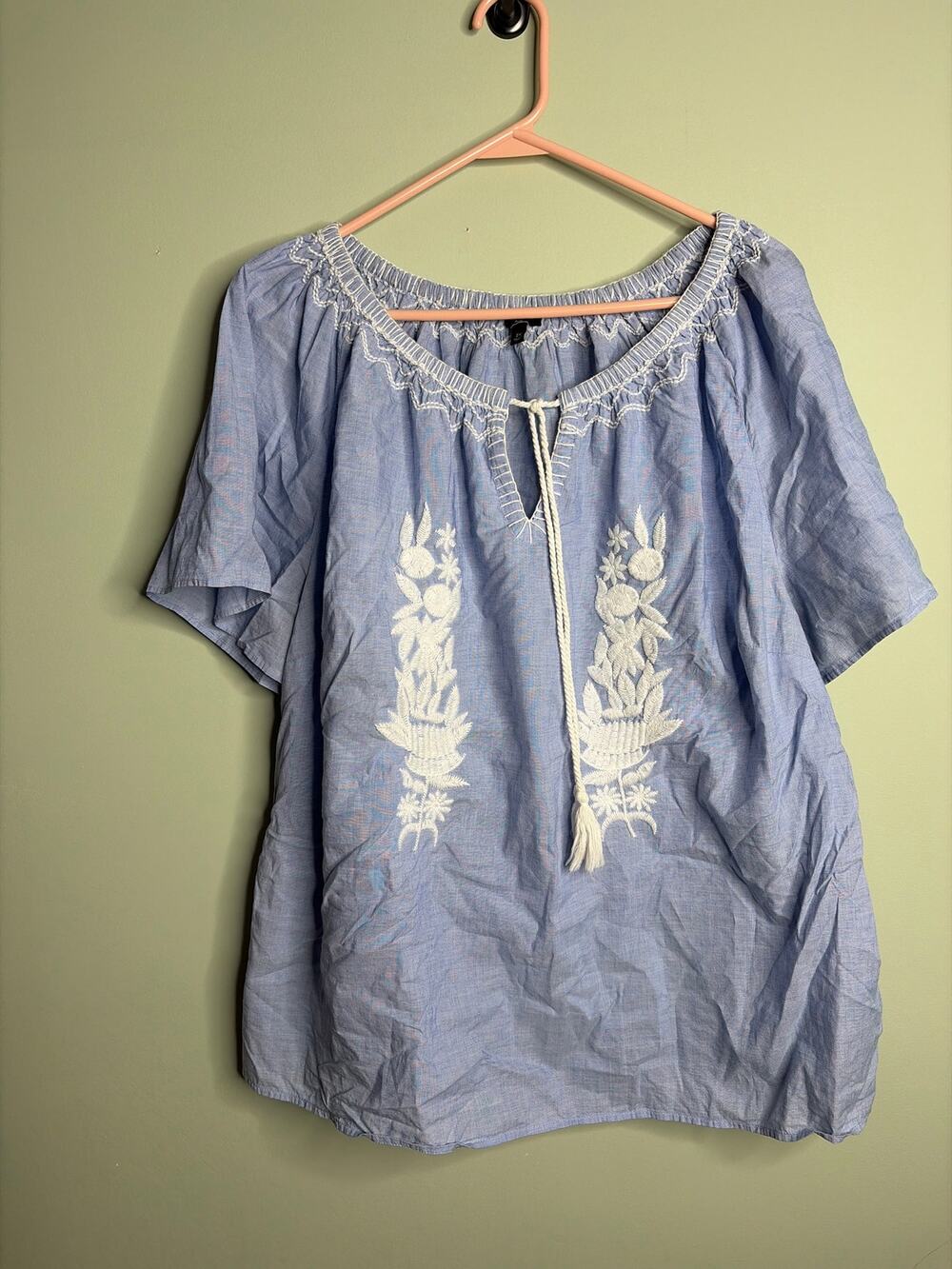 Talbots Plus Denim Chambray Embroidered Blouse 2X